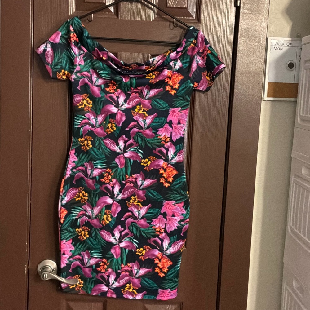 UK2LA Pink & Green Floral Off-Shoulder Mini Dress